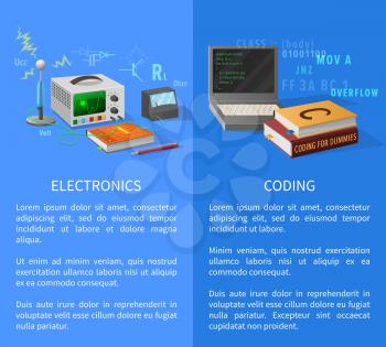 Electronics and coding lessons promotional poster with special equipment for researchers, open laptop and thick textbooks vector illustrations.