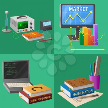 Electrical scheme connected with wires, screen with graphic of success on market, open laptop and modern telescope vector illustration on green