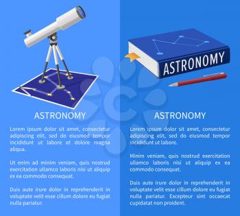 Astronomy banner with telescope device and school textbook, constellation map vector illustration icon with place for text on blue