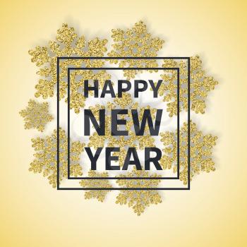 Happy New Year inscription in square frame, text isolated on background of golden stars snowflakes, vector backdrop with glittering elements