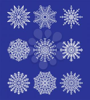 Snowflakes collection, consisting of geometric shapes and lines, simple objects and unique ice crystals vector illustration isolated on blue