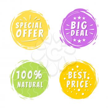 Special offer big deal 100 painted spot with brush strokes vector illustration isolated on white background, promo discounts labels design color set