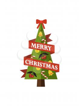 Merry Christmas, image of pine tree that is symbol of holiday, ribbon and headline, bells and candies, mistletoe and ball on vector illustration