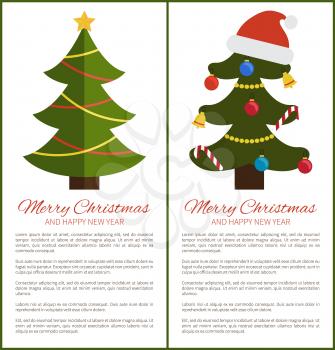 Merry Christmas and Happy New Year posters with tree ornated with toys in forms of candies and bells, balls and garlands, big red hat of Santa vector