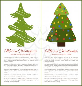 Merry Christmas and Happy New Year posters with tree, white lines symbolize snow and gusts of wind, minimalist evergreen pine vector illustration