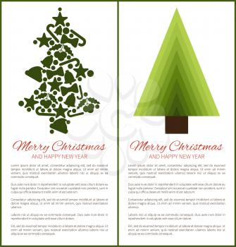 Merry Christmas and Happy New Year posters tree silhouette made up of symbolic green icons, stars and balls, mistletoe bells ribbons isolated vector