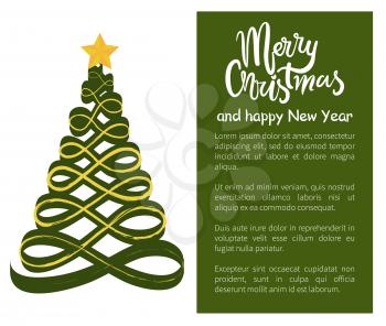 Merry Christmas Happy New Year poster with tree made of wavy abstract lines, topped by golden star vector illustration web banner with place for text