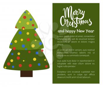Merry Christmas Happy New Year poster with tree in simple style decorated by round colorful circles vector illustration web banner with place for text