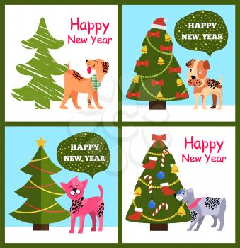 Playful cartoon dogs wishes Happy New Year in speech bubbles, greeting Merry Christmas posters with xmas trees and playful puppies vector illustrations
