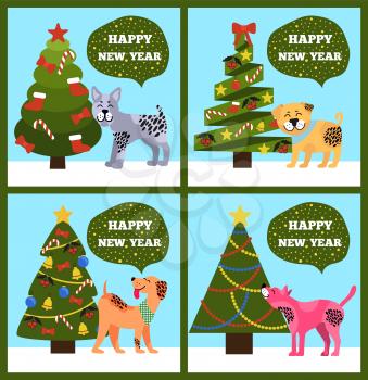 Festive cards on green background, merry wishes Happy New Year from dotted puppies under Christmas trees set vector illustration postcards with dogs
