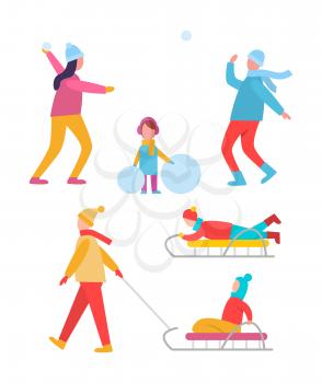 Peoples activities in winter, couple playing snowball fight and girl standing with balls of snow, mother and son on sled vector illustration