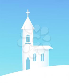 Winter poster with church and cross on it towers top, silhouette of building with windows, snowy weather and snow, banner vector illustration