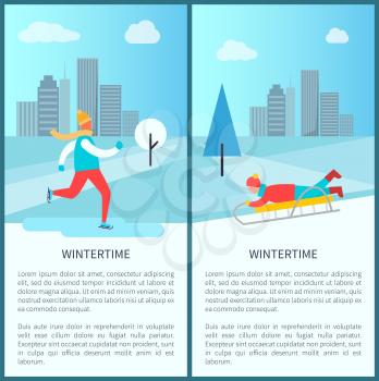 Wintertime activities posters with people ice-skating and sledding in city park. Vector illustration with happy sportsmen on light urban background