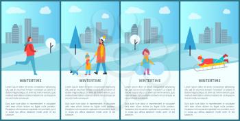 Wintertime fun set of posters with happy families and sportsmen in snowy city park. Vector illustration with winter activities on urban background