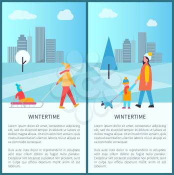 Wintertime city activities with families walking with kids on sleds, pet on leash. Vector illustration with people walking in snowy town park posters