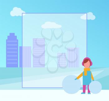 Winter placard with girl dressed in scarf and coat with hat, filling form and city with skyscrapers on background isolated on vector illustration