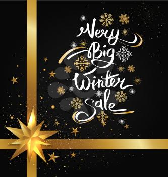 Very big winter sale image depicted with snowflakes, stars and circles, and golden ribbons vector illustration isolated on black background