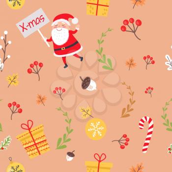 Seamless pattern with Santa, Christmas decorative candies, viburnum red berries, maple leaves, decorative New Year presents in gift boxes, branches near balls and bows on white endless vector texture