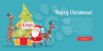 Marry Christmas web banner. Decor and presents with Santa Claus. Deers helpers decorate fir tree. Making presents for children all around world. New Year poster vector illustration in flat style
