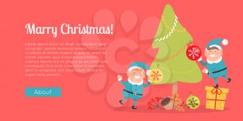 Merry Christmas web banner. Two elves in blue santa suits decorate Christmas tree. Little elf stand on gift box to hang toy ball. Little xmas helpers vector illustration in flat style design