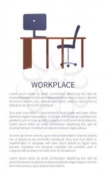 Workplace design table with computer, comfortable chair, vector office furniture isolated on white, text sample, desk and armchair banner template