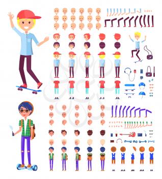 Young teenager character animated isolated icons construction vector. Boy with skateboard, vape and gyroscooter. Parts of body and male emotions set