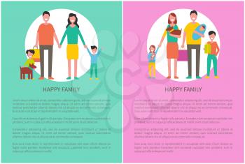 Happy family set mother, father, daughter and son and adorable pet. Vector parents and children leaflet poster text sample, people isolated in circle