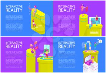 Virtual interactive reality posters with text sample. People using laptops and phone gadgets woman and man with vr goggles. Male playing tennis vector