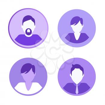 Social network isolated rounded icons set of people profiles. Man and businessman wearing long tie and suit. Bearded person in t-shirt symbols vector