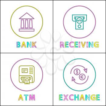 Bank and receiving transaction, atm exchange service. Automated teller machine withdrawal of cash banknote. Icons set isolated on vector illustration