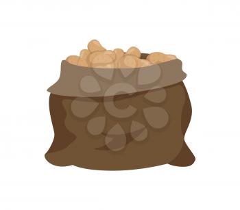 Sack full of potato isolated cartoon vector single icon. Bag of wicker cloth with harvested crop of vegetables, agricultural working on farm theme