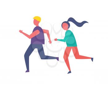 Running people, jogging couple isolated icon vector. Male and woman keeping fit and leading healthy lifestyle. Runners training exercising together