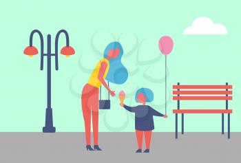 Mother with daughter in entertainment park cartoon vector. Woman with bag buying ice cream and balloon with helium for child, bench and street lamp