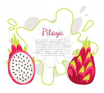 Pitaya or pitahaya exotic juicy fruit vector poster frame and text. Tropical edible food, dieting vegetarian plant vitamins, subtropical dragon fruits sign