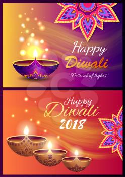 Happy Diwali 2018 festival of lights colorful poster with illuminating decorative candles on light background. Vector illustration of banners with mandalas