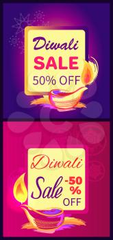 Diwali sale -50 off sign with festive lamps on abstract background. Vector illustration with discount dedicated to festival of lights banners set
