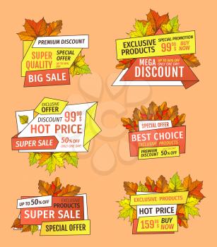 Autumn half price advertising emblems, foliage and leaves vector set. Sale super quality special offers labels, up to 50 percent discount promo tags.