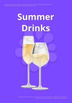 Summer drinks champagne advertisement poster with closeup of glass, alcohol drink with bubbles vector illustration isolated on purple background