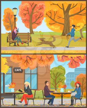 Cafe exterior clients drinking hot beverages set vector. Trees and foliage, falling leaves, person walking dog in autumn park, lady talking on mobile
