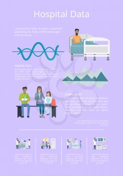 Hospital data poster with patients, doctors and graphs representing statistics. Vector illustration with hospital equipment on light background