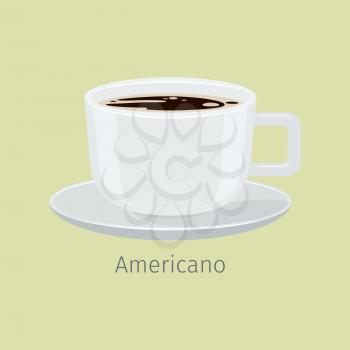 White porcelain cup on saucer with americano flat vector. Hot invigorating drink with caffeine. Brewed with water black coffee illustration for coffee house or cafe menus design