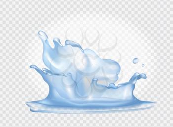 Closeup of water splash with drops, fresh and pure, clrear aqua represented on vector illustration isolated on transparent background