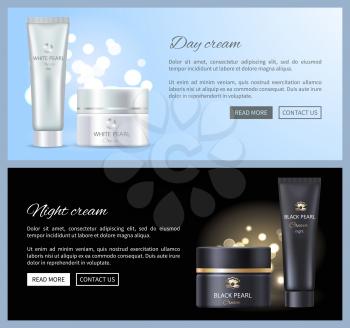 Day and night pearl creams web poster advertisement, set of icons depicting skin care cosmetic products for women in containers vector illustrations