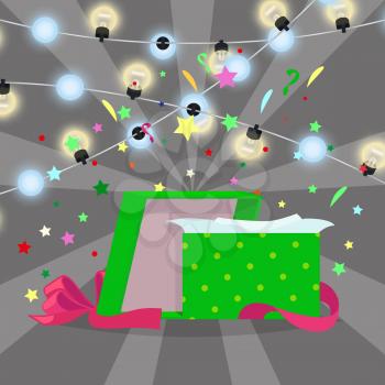 Gift box with Christmas lights of garland on gray background. Vector illustration of opened New Year present wrapped in bright green paper