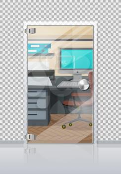 Office workplace through sliding glass door view flat vector. Entrance to the cabinet with table, computer and chair. Modern office interior with transparent wall illustration for business concepts