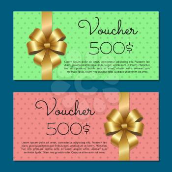 Voucher on 500 set of gift certificates for discounts in fashionable stores vector. Posters with gold ribbons and bows with calligraphy texts inscription