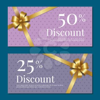 Discount on 50 25 percent set of posters with gold ribbons and bows on abstract purple with rhombus. Gift certificates vouchers with place for text