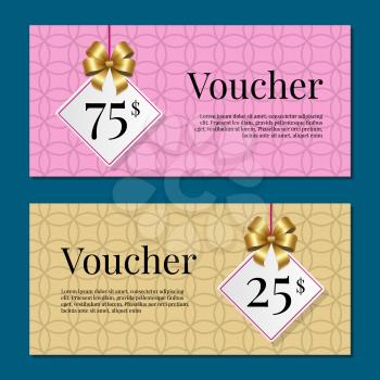 Voucher on 25 -75 set of posters with gold tags label on ribbons with bow on abstract golden and pink. Gift certificates with place for text vector