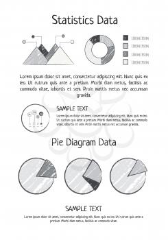Statistics data and pie diagram visualization with different forms of representing data. Vector illustration with line graphs and pie charts on white