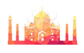 Famous Indian building of Taj Mahal with rounded roofs, tall towers and pattern on walls isolated vector illustration on white background.